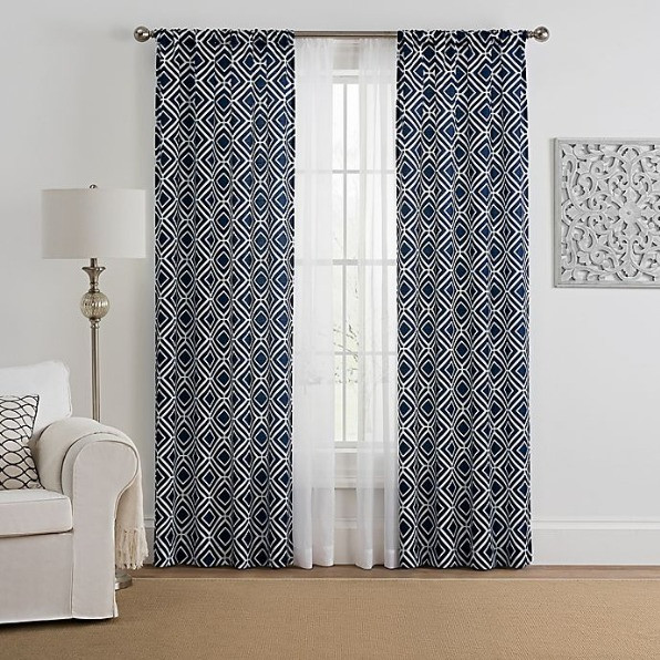 4 piece curtains & sheers voile set diamond navy blue white 63″ window treatment