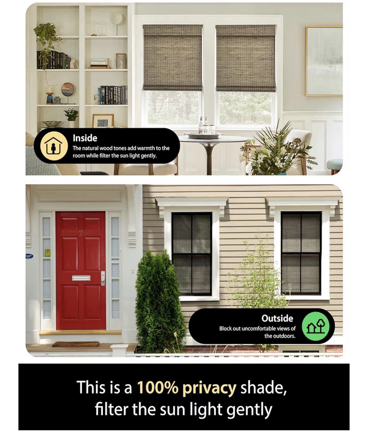 BDP Cordless Roman Shade Light Filtering Bamboo Driftwood Privacy 22.5 x 48