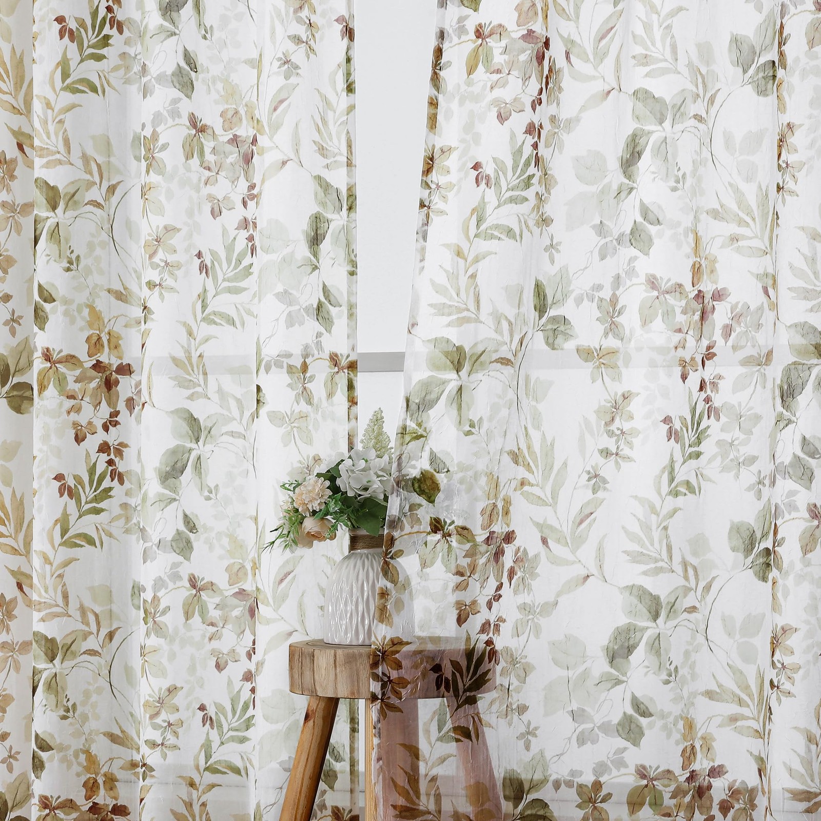 Crushed Sheer Curtains 63 Inch Length 2 Panels Set, Sheer Floral Curtians wit