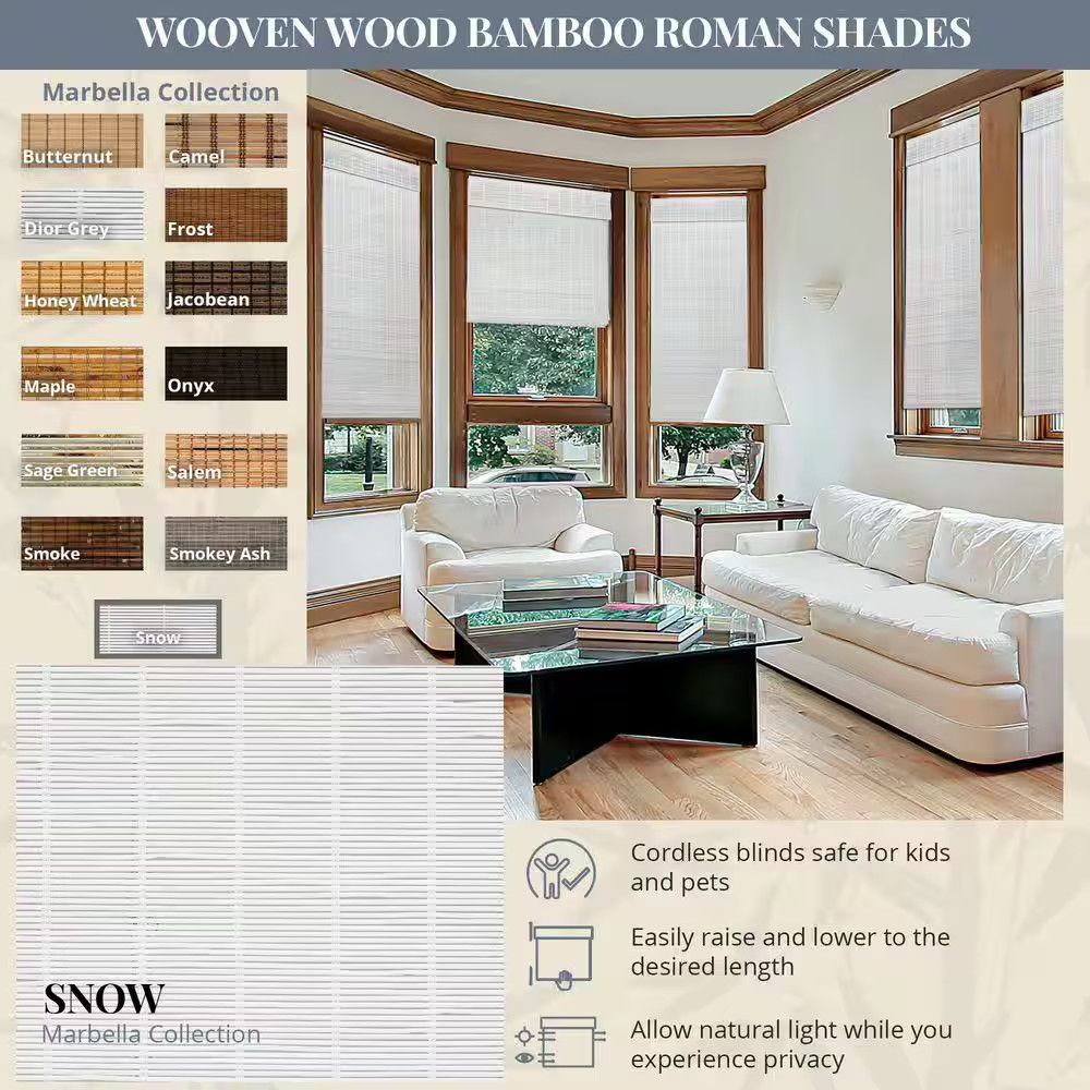 Natural Woven Light Filtering Cordless Bamboo Roman Shades for Windows, 44 In. W
