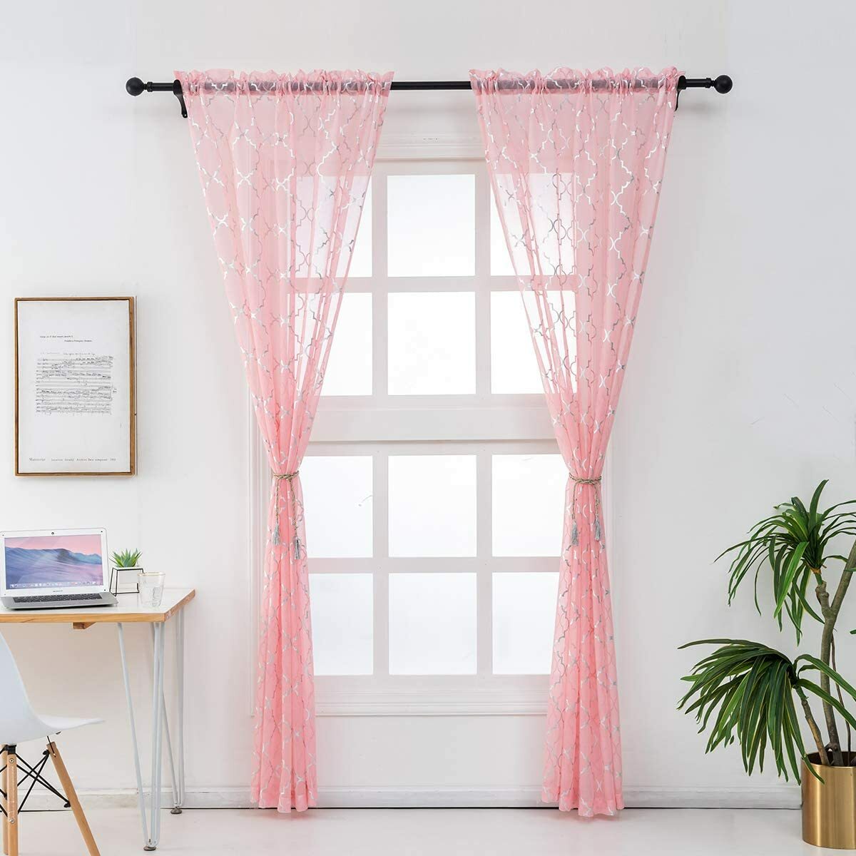 1 Pair Sheer Curtains Moroccan Pattern Rod Pocket Drapes for Kitchen,Dining Room