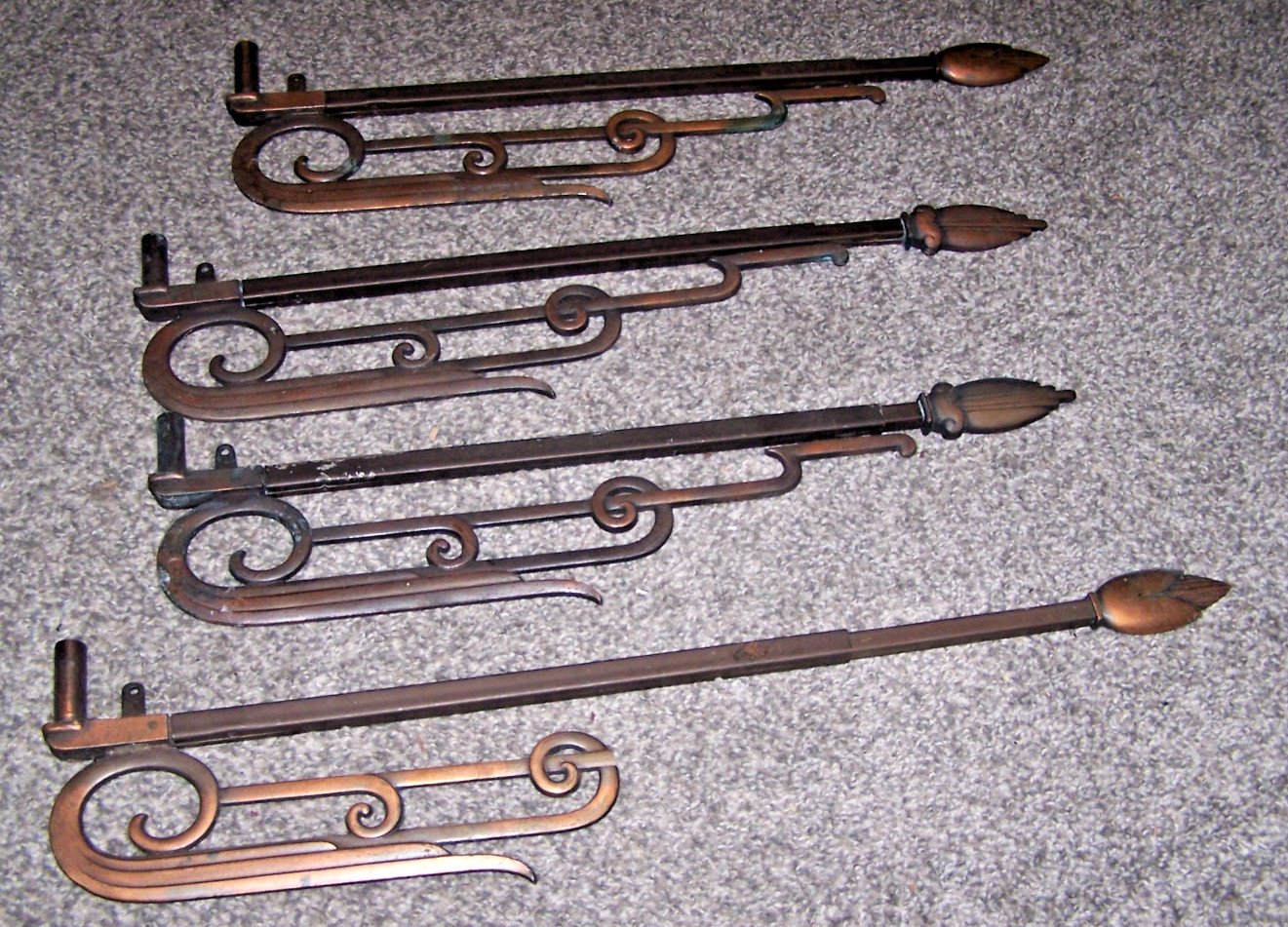 Vintage Art Deco Adjustable Swing Arm Curtain Rods or hold backs. Bronze tone