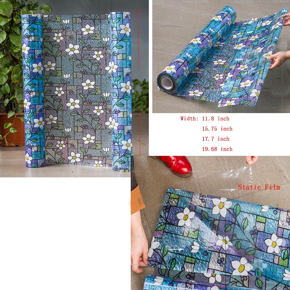 Stained Window Privacy Film Static Cling Flower Pattern Glass Sticker Home Decor