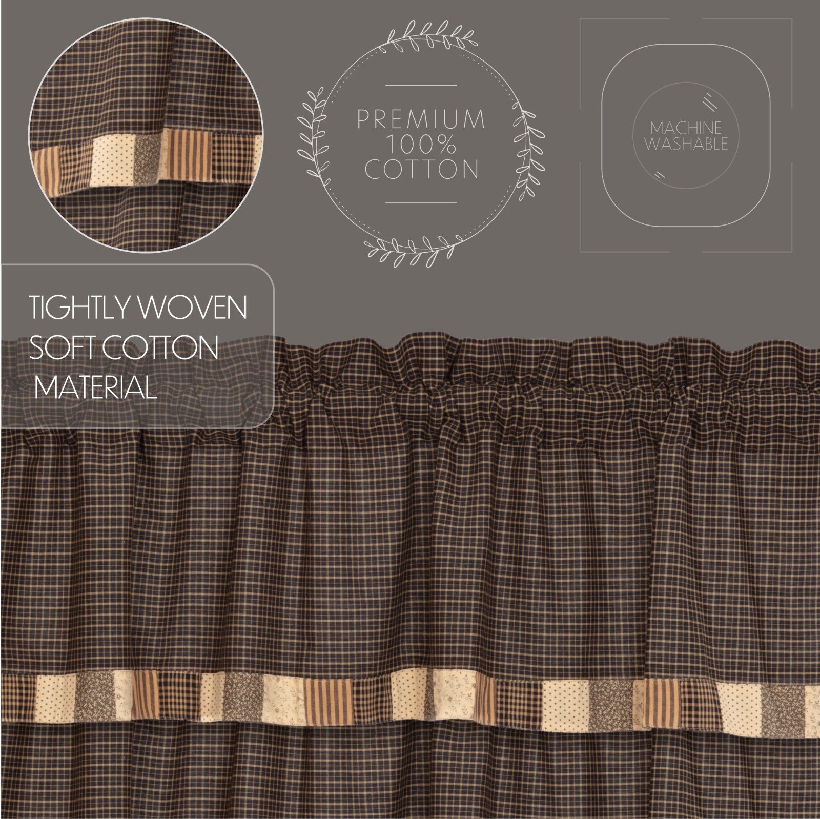 Kettle Grove Panel with Attached Valance Block Border 84″ Charcoal Grey Black