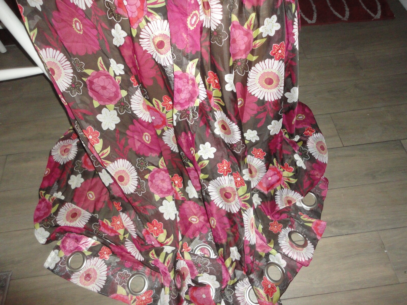 PENNEY SEMI SHEER PINK CHARCOAL YELLOW FLOWER POWER (2) GROMMET PANELS 48 X 83