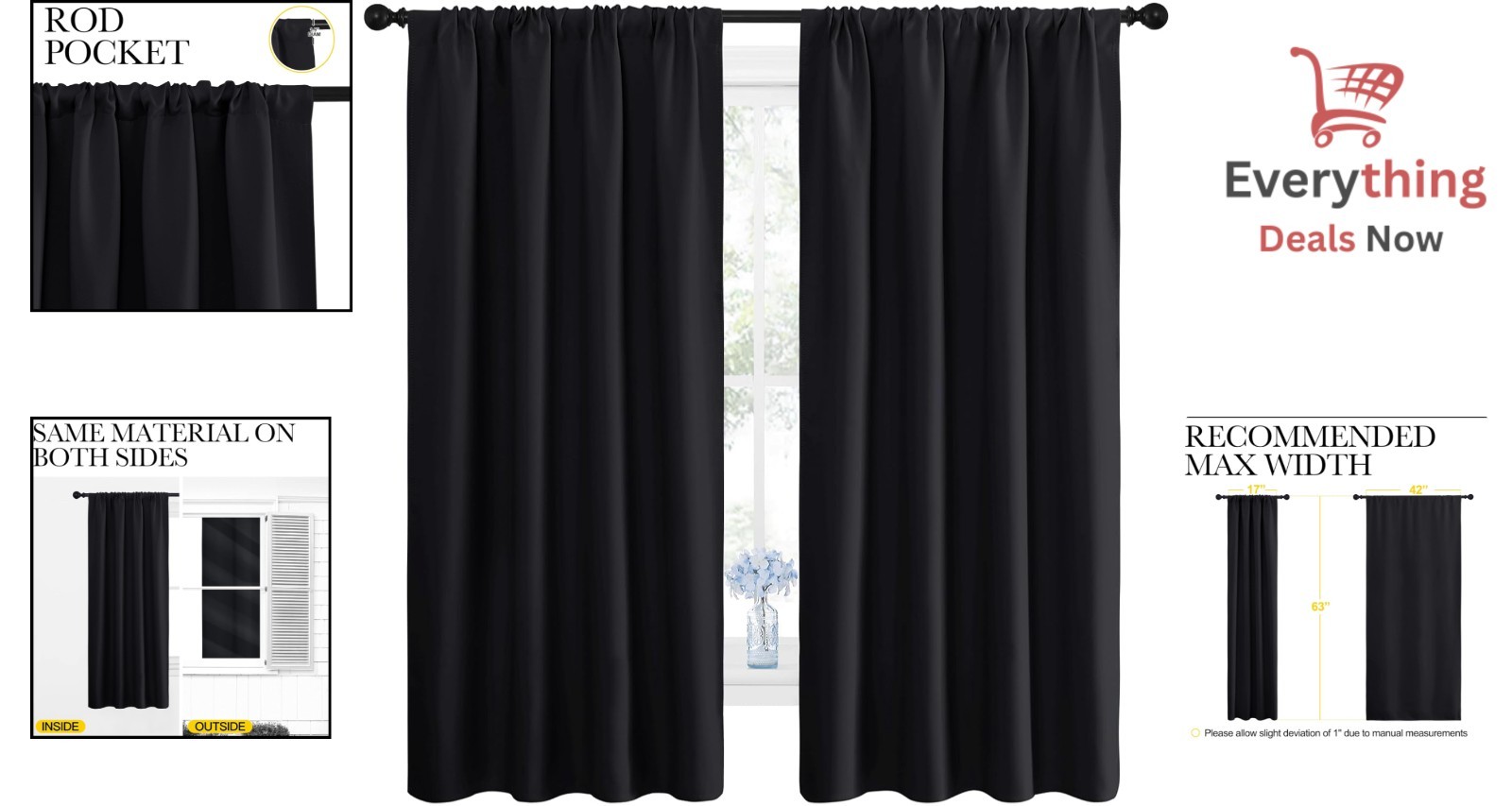 Black Blackout Window Curtains Thermal Insulated Sun Blocking Rod Pocket Panels