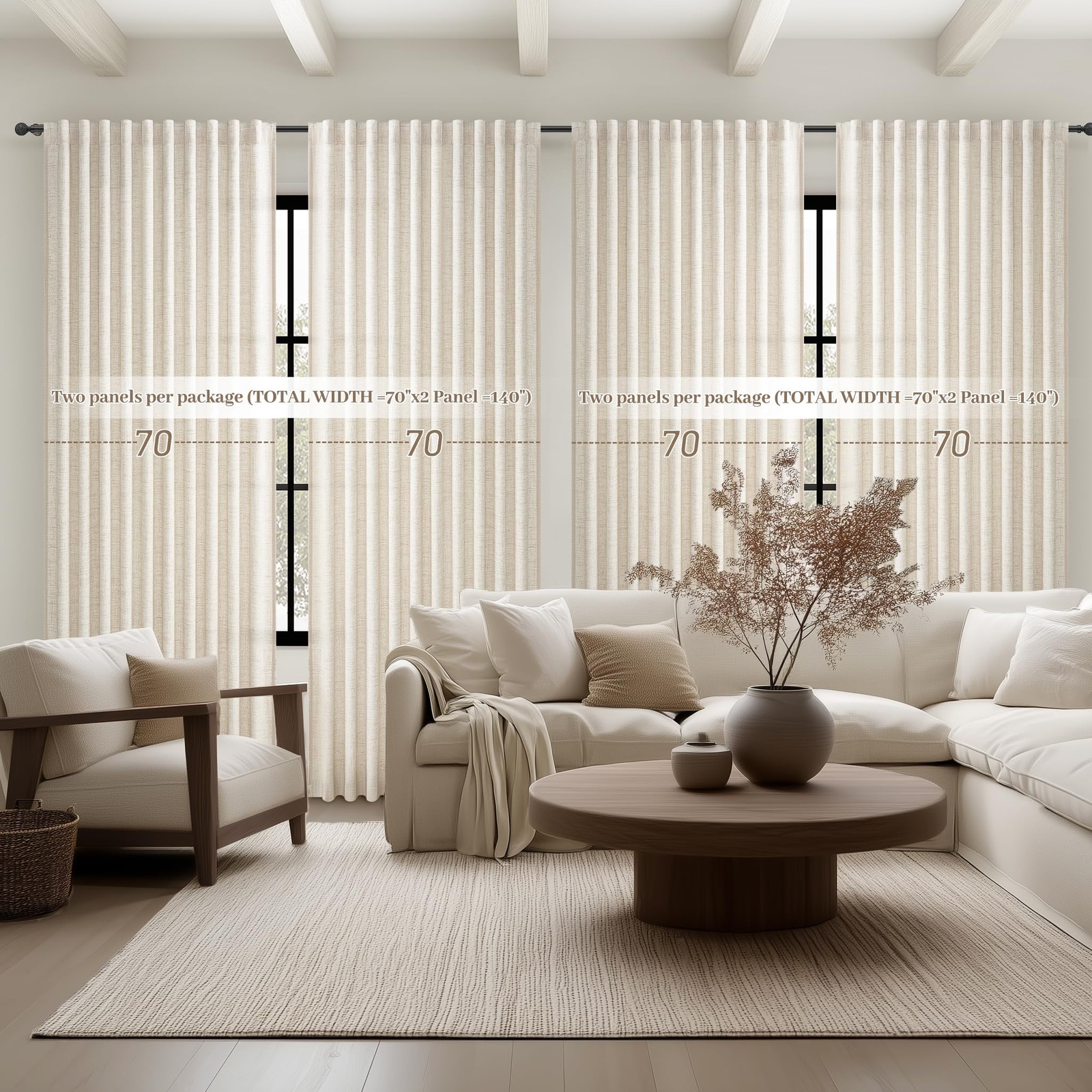 Qjmydeco Birch 70 Inches Extra Wide Traverse Sheer Curtains Cream Beige Pleated