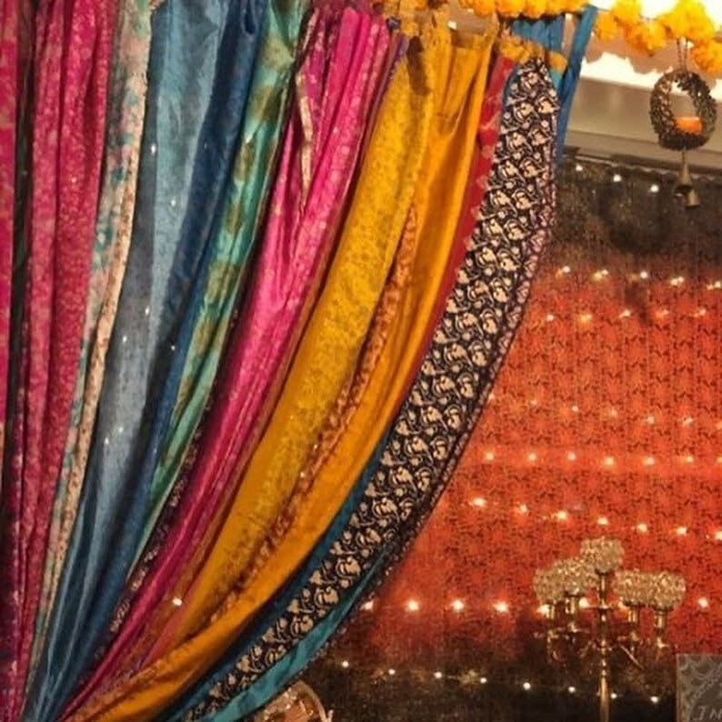 2 Pcs Recycle Patchwork Curtain Drape Window Decor Multi Silk Sari Curtain