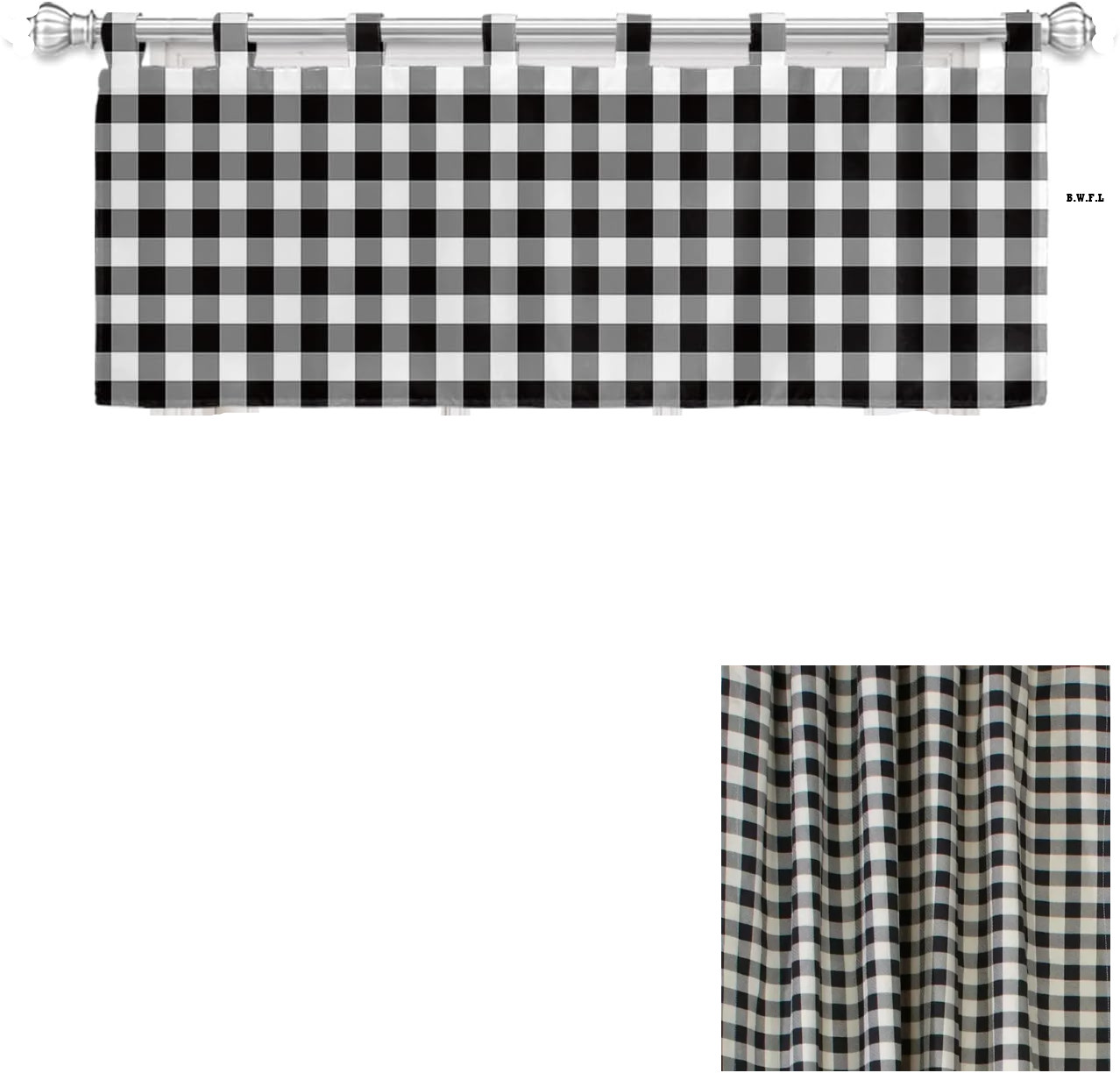 Thermalogic Check Tab-Top Valance Curtain, 15″L x 40″W – black plaid NEW