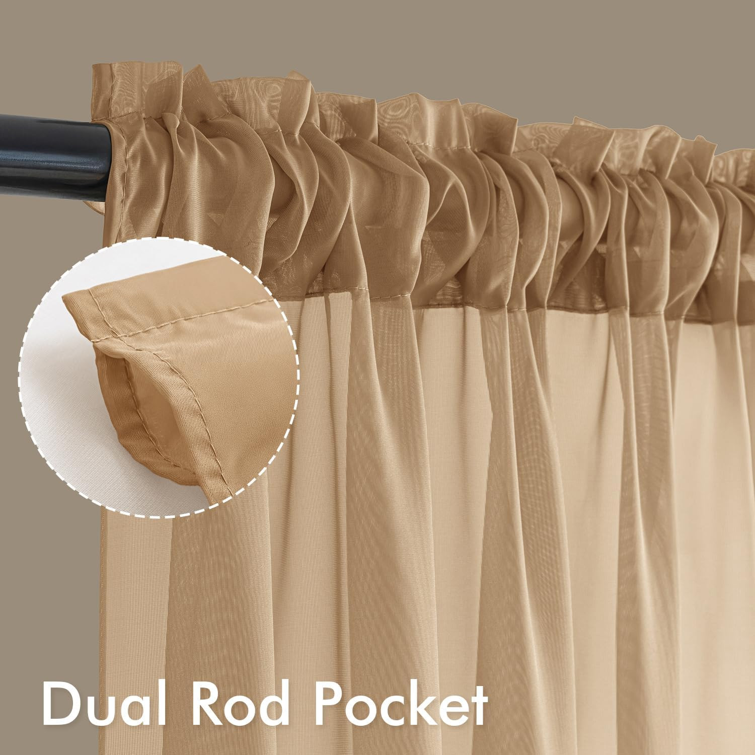 MIULEE Brown Sheer Curtains 63 Inches Long, 4 Panels Set, Rod Pocket Voile Drape