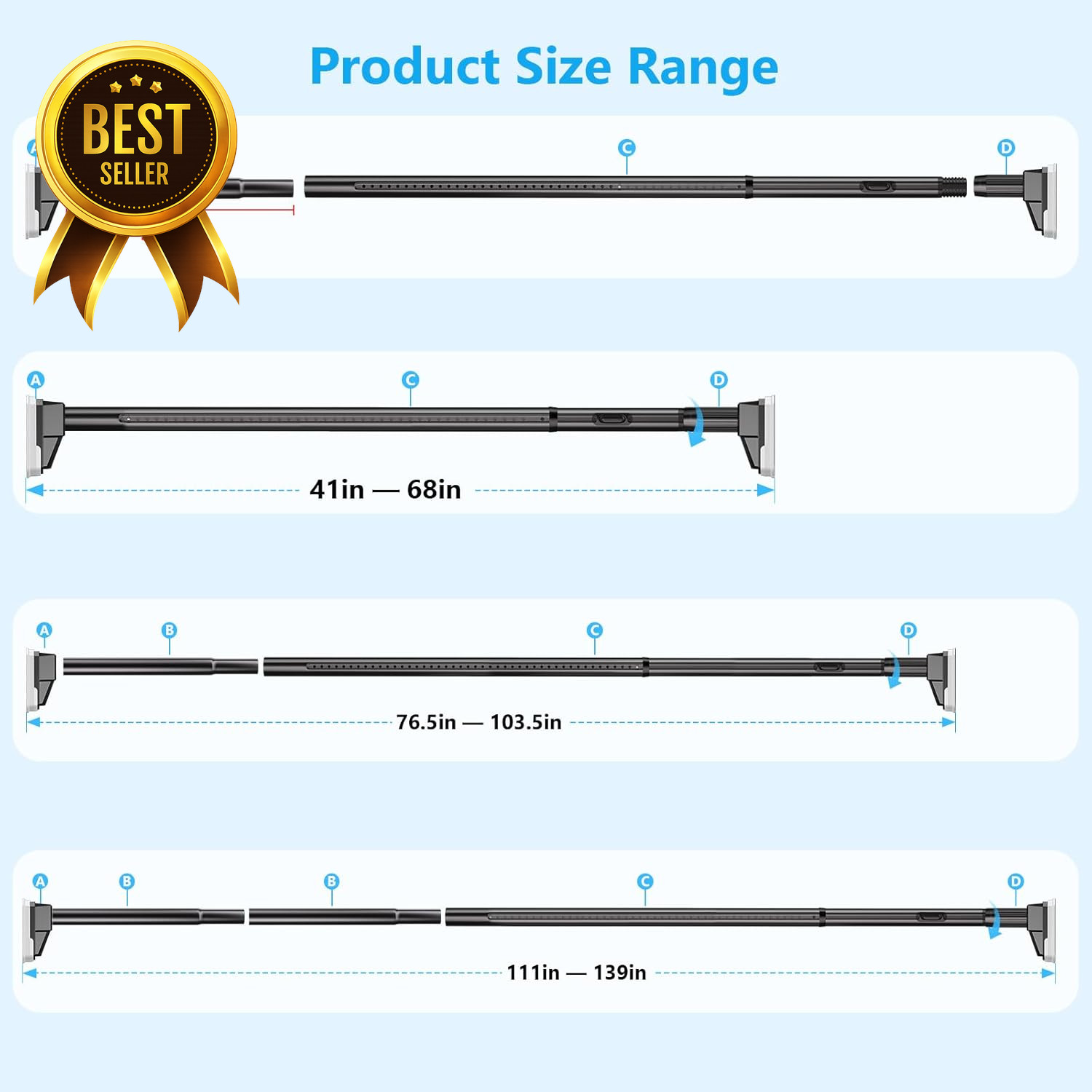 Extra Long Tension Curtain Rod 41-139in Heavy Duty No Drill Black Adjustable