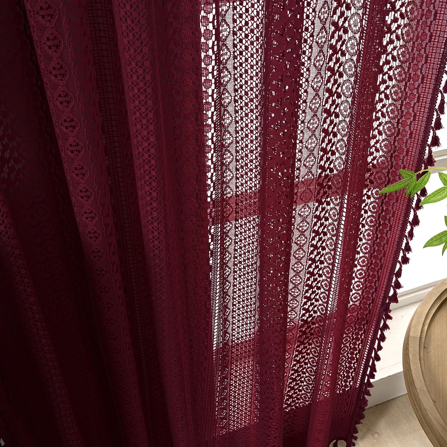 WAZZIO Burgundy Sheer Crochet Lace Curtains 63×59″ Cotton Blend – 2 panels