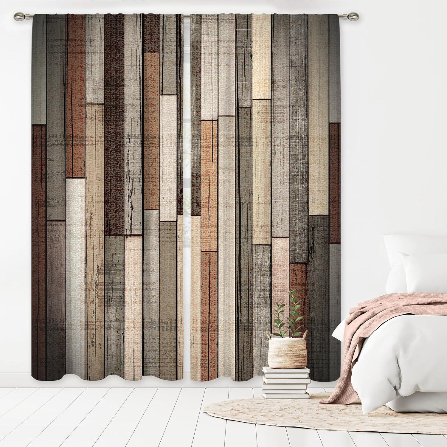 Rustic Barn Door Curtains 42Wx63H Inch Rod Pocket Farmhouse Brown Grey Wooden Bo