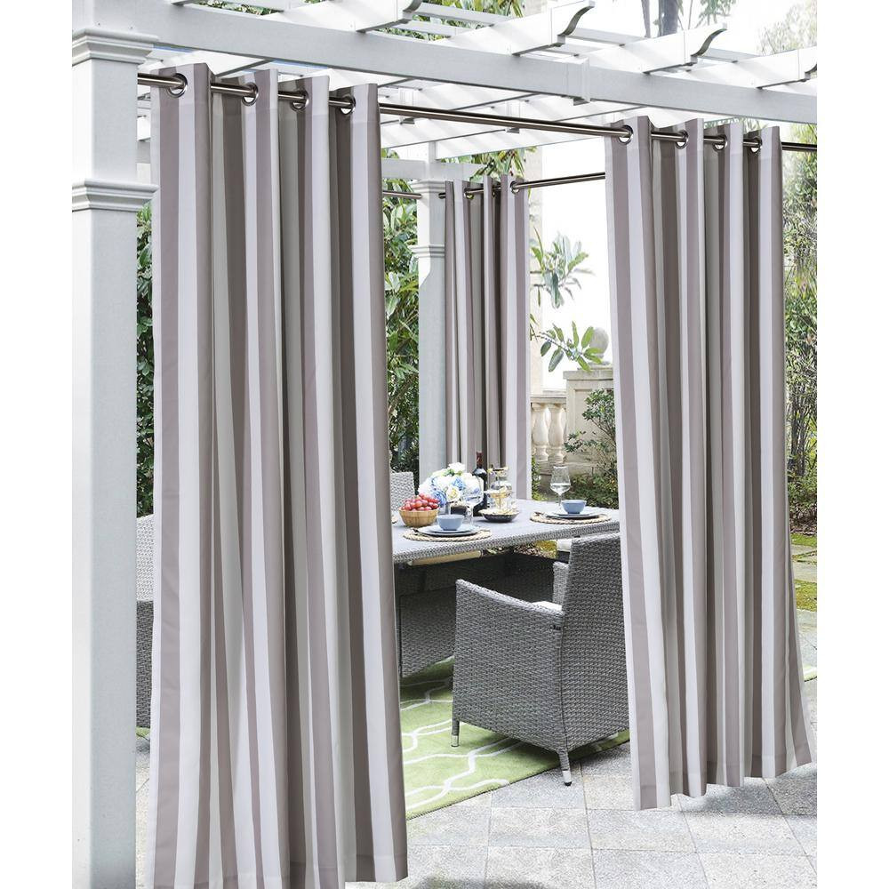 Taupe Striped Outdoor Grommet Room Darkening Curtain – 50 In. W X 96 In. L