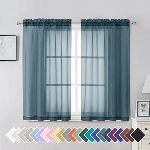Sheer Curtains 45 inches Long, Short Kitchen W 42″ x L 45″ | Pair Dusty Blue