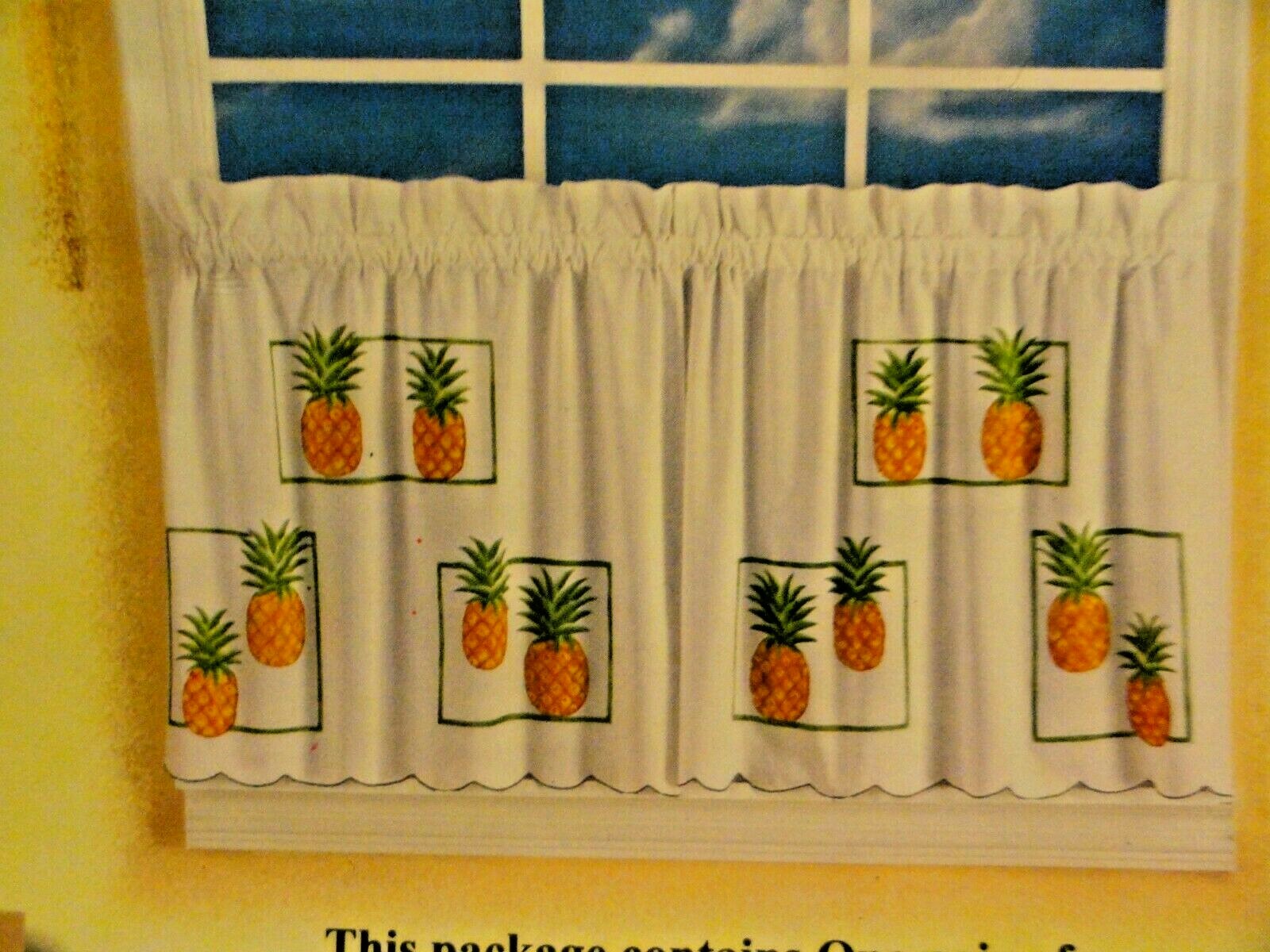 new white PINEAPPLE Tier Curtains white gold green 60″ x 24″ tropical fruit