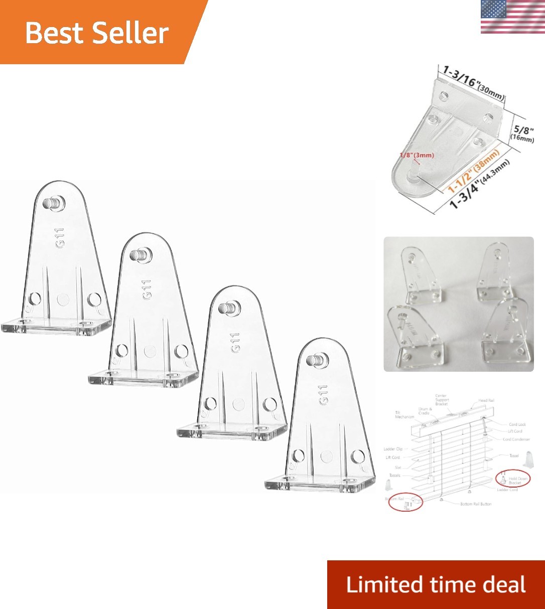 4pcs Clear Plastic Hold Down Brackets for High Profile Blinds – 1.5inch Fit