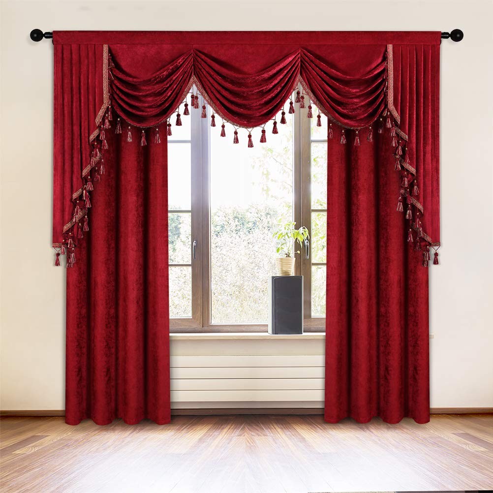 Elkca Thick Chenille Window Curtains Valance For Living Room Burgundy Red