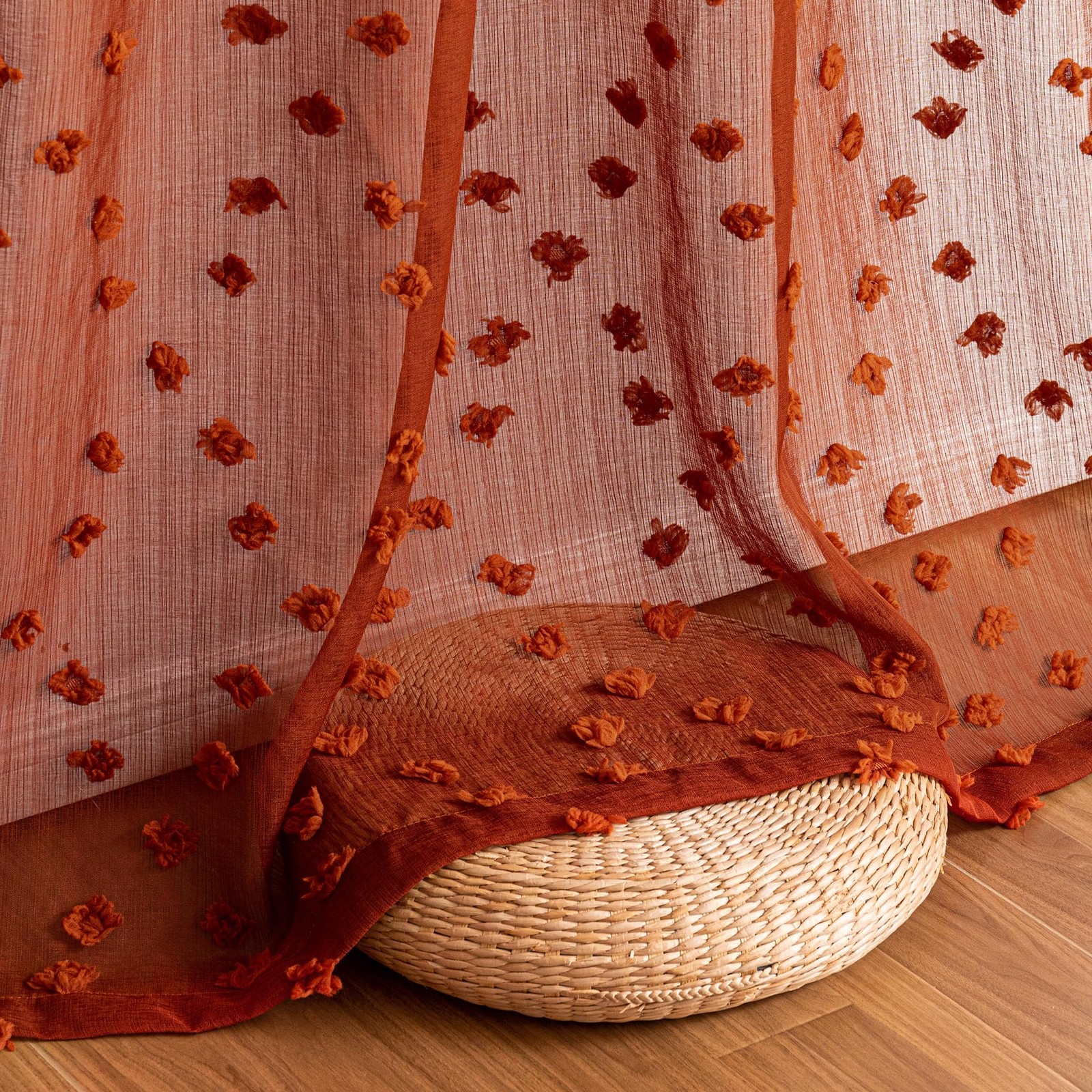 Terracotta Boho Sheer Curtains — with Pom Poms 84 Inches Long Burnt Orange Ru…