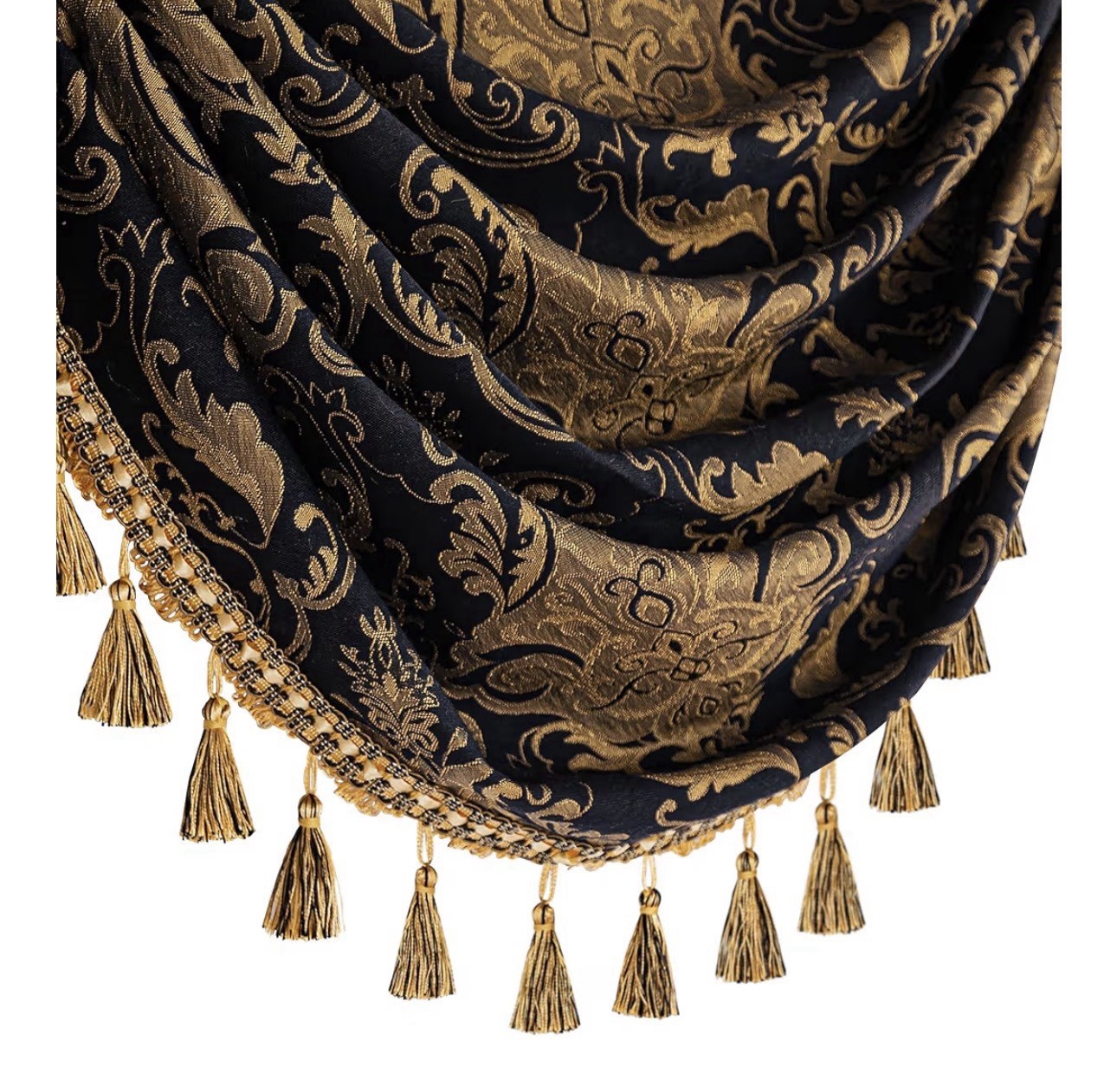 Loom&Mill Luxury Waterfall Valance Black/Gold 110W”x45L” Elegant/Gorgeous