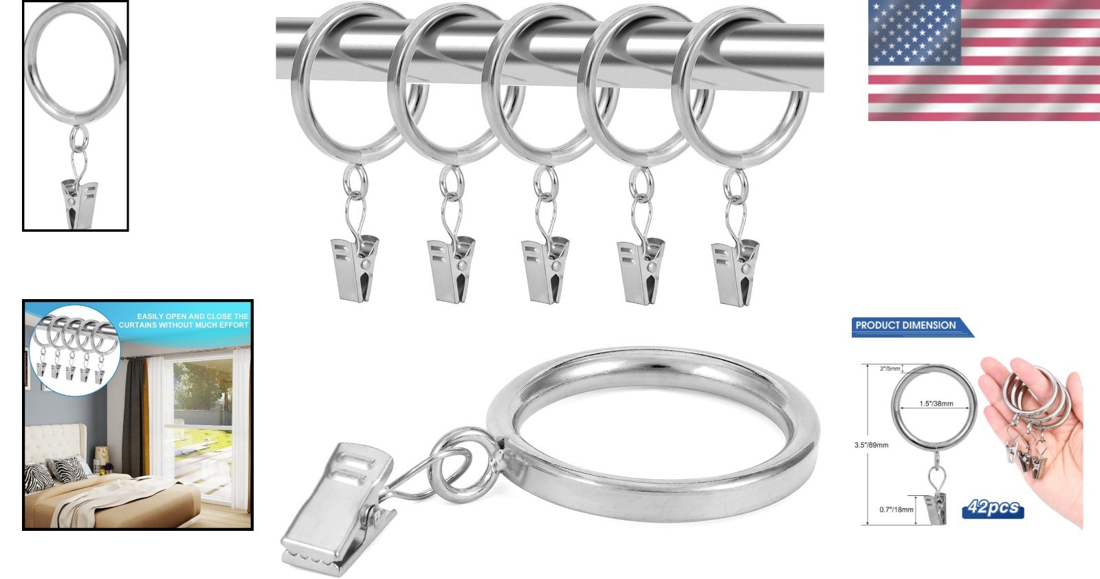 Elegant Satin Nickel Curtain Rings Set of 42 – Easy Install 1.5” Inner Diameter