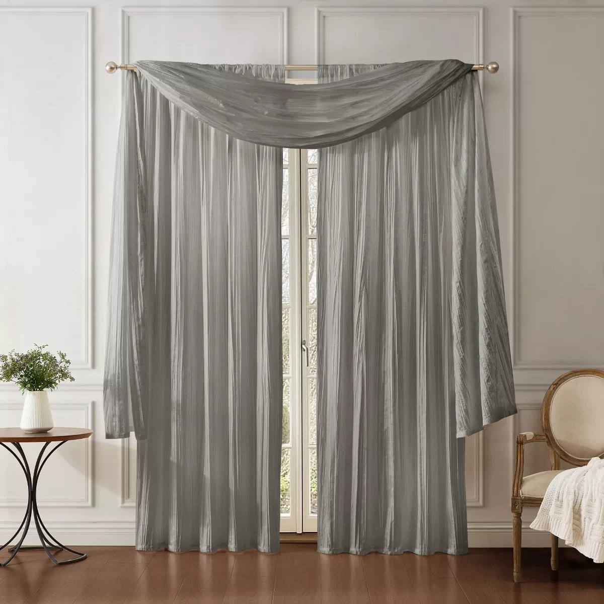 Elrene Athena Faux Silk Curtain Panels 52×95” & Scarf Valance Sterling