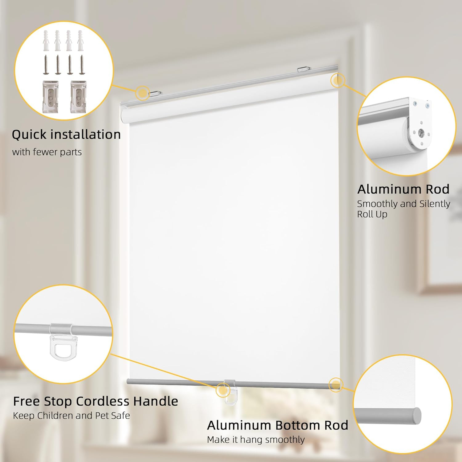 Cordless 100% Blackout Roller Blinds, White, 48″ W x 72″ H, UV Protection