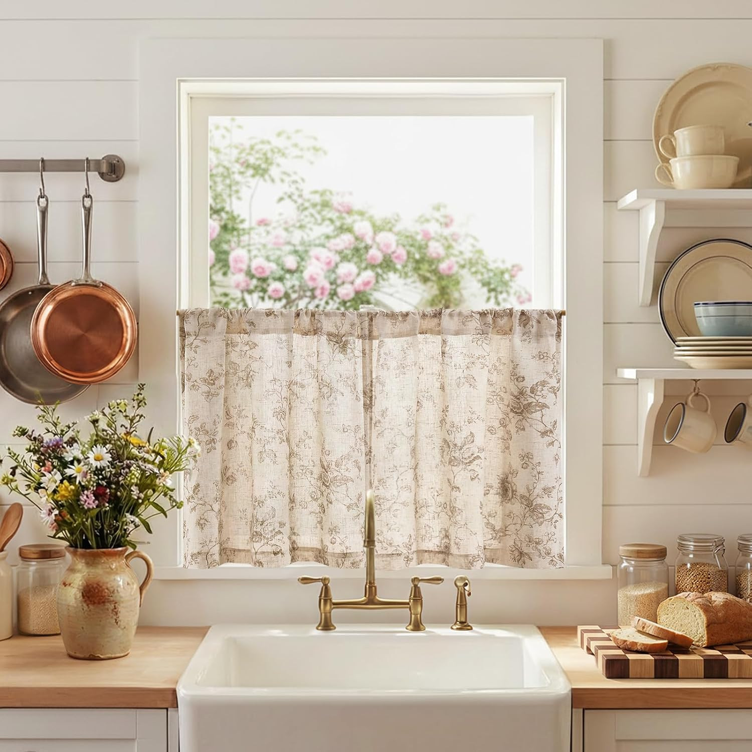 jinchan Amlie Floral Kitchen Curtains 24 Inch Length Linen Cafe Curtains Small W