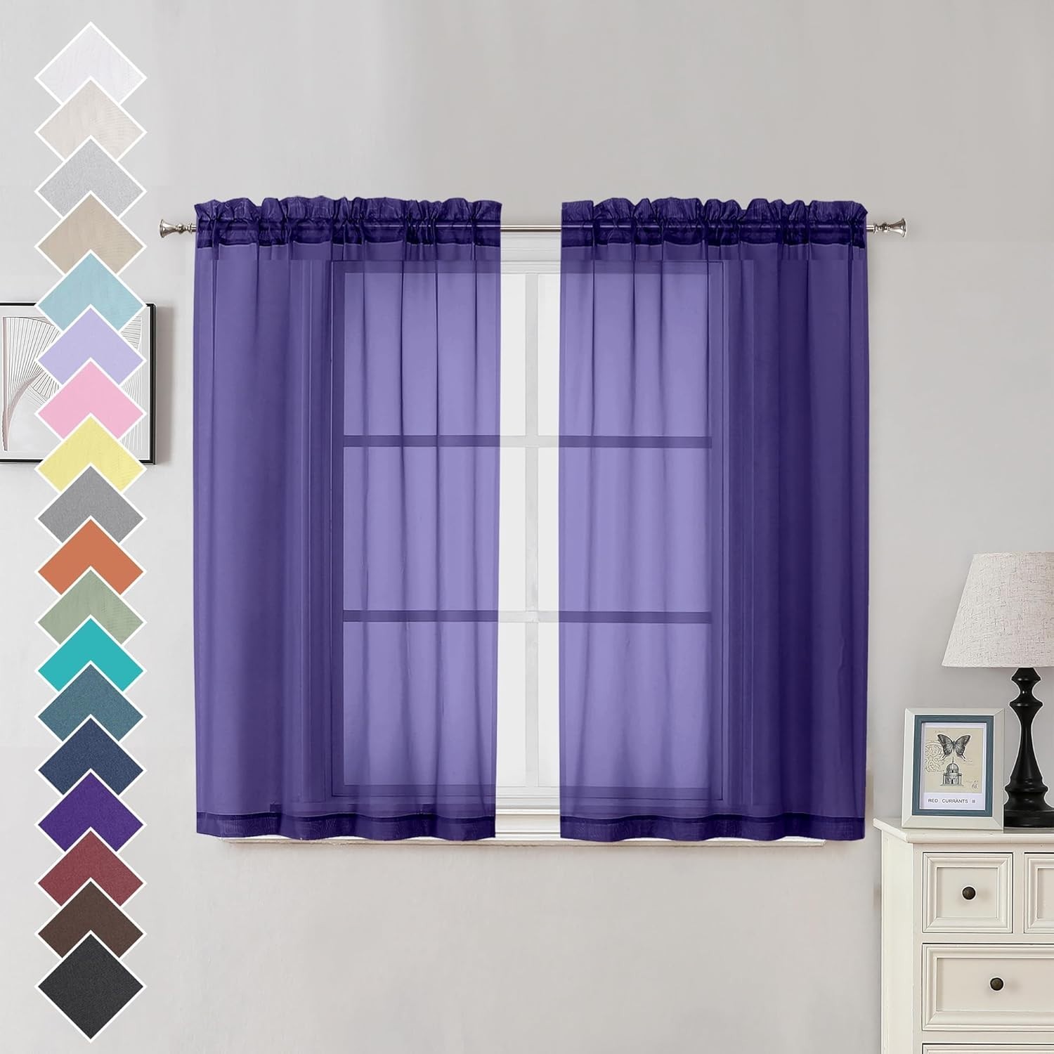 Elegant Purple Sheer Curtains 42×45 Inches – 2 Panels, Light Filtering Draperies