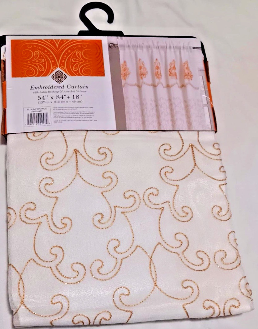 Embroidered Curtain with satin backing & attached valance one panel each orange