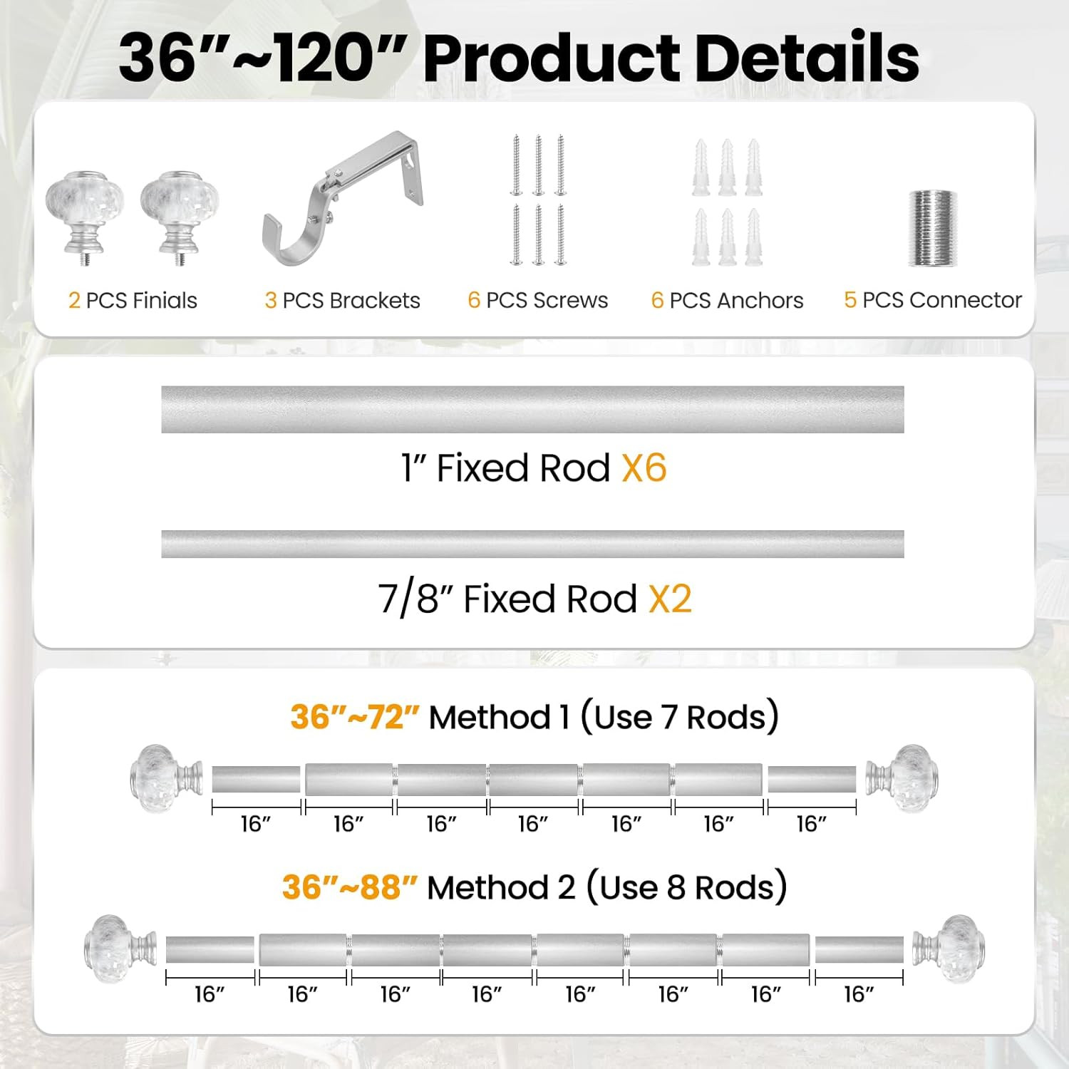 Sliver Curtain Rod for Windows 66 to 120 Inches(5.5-10Ft): 1 Inch Diameter Heavy