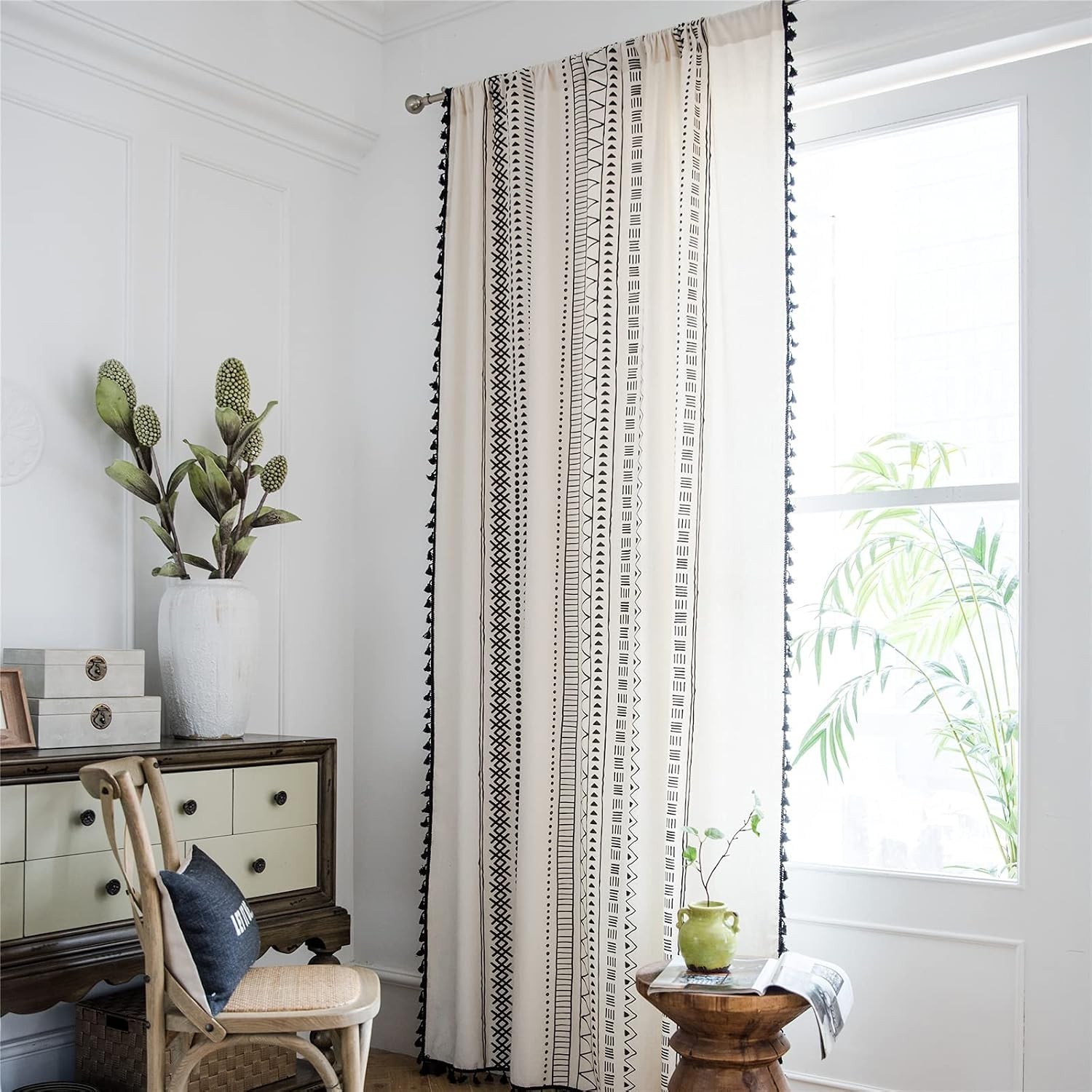 Bohemian Geometric Print Curtains 84” Long with Tassel – Cream & Black Elegance