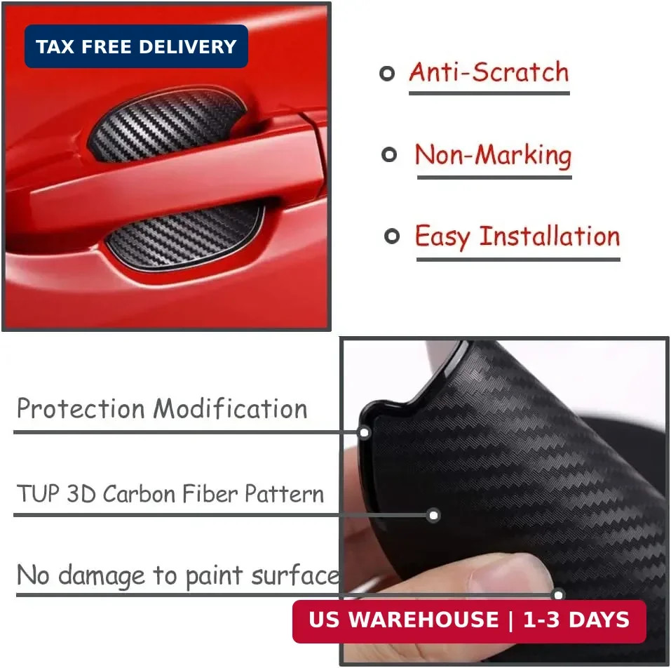 4Pcs Black Carbon Fiber TPU Car Door Handle Cup Protective Stickers Universal Do