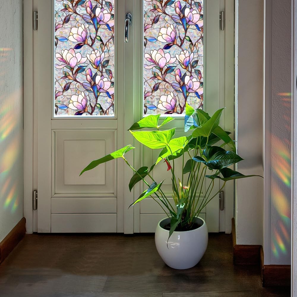 Flower Stained Glass Window Film Decorative Static Cling Stickers Sun Blocking R