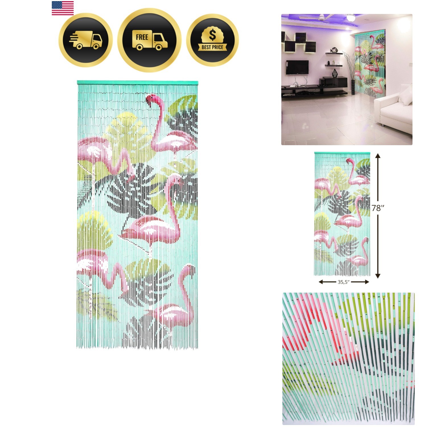 Flamingo Beaded Curtain for Doorways, 90 Strands Door Beads, 35.5” x 78” Hang…