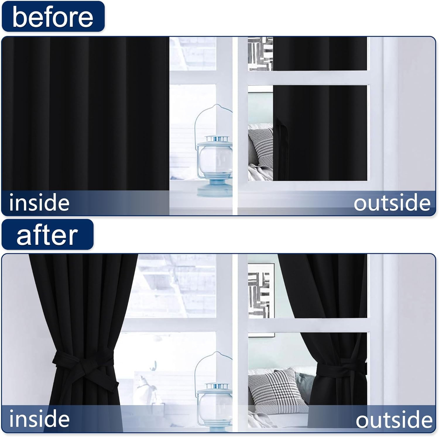 Black Out Curtains 63 Inch Long Sewn with Tiebacks Rod Pocket & Back Tab