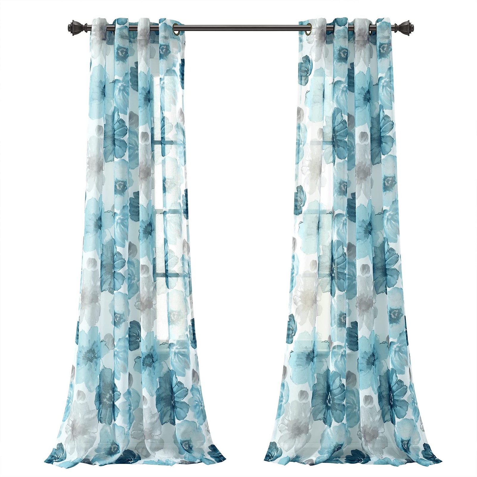 Leah Floral Sheer Window Curtain Panels, Pair, 52 W x 84 L, Blue – Floral Curtai