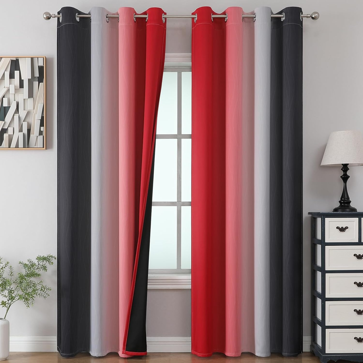 Black and Red 100% Blackout Curtains 84 Inches Long, Ombre Blackout Drapes for B