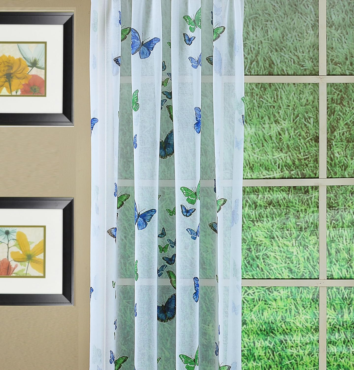 Butterflies Print Semi Sheer Panel, 84″, Blue, 54W X 84L