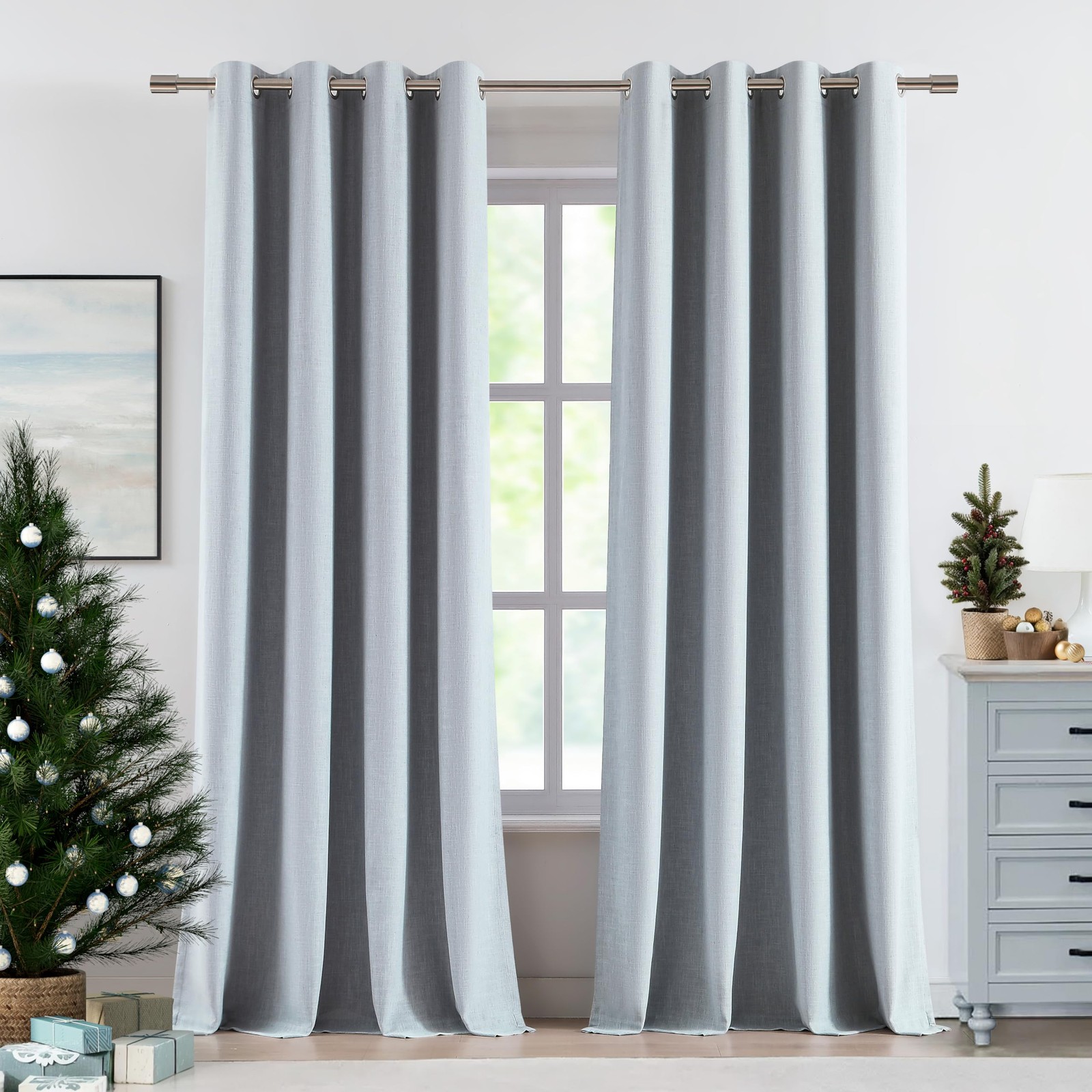 Vision Home Blue Fog Linen Full Blackout Curtains Grommet Thermal Insulated