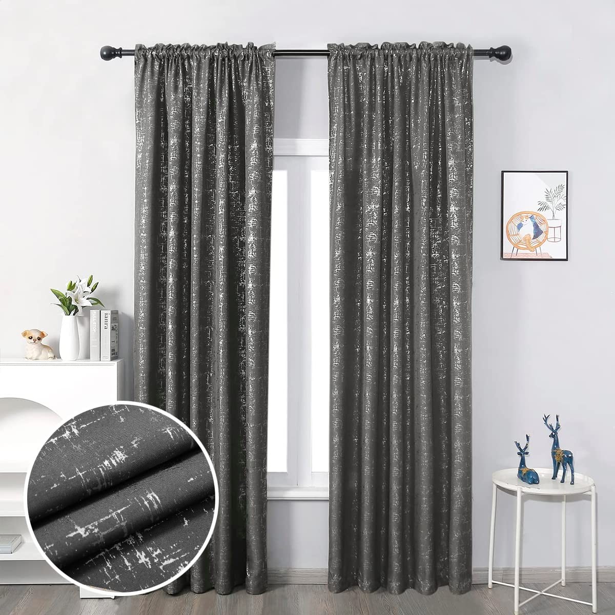 Silver Foil Print Linen Textured Curtains Geometric Dots Pattern Design Curta…