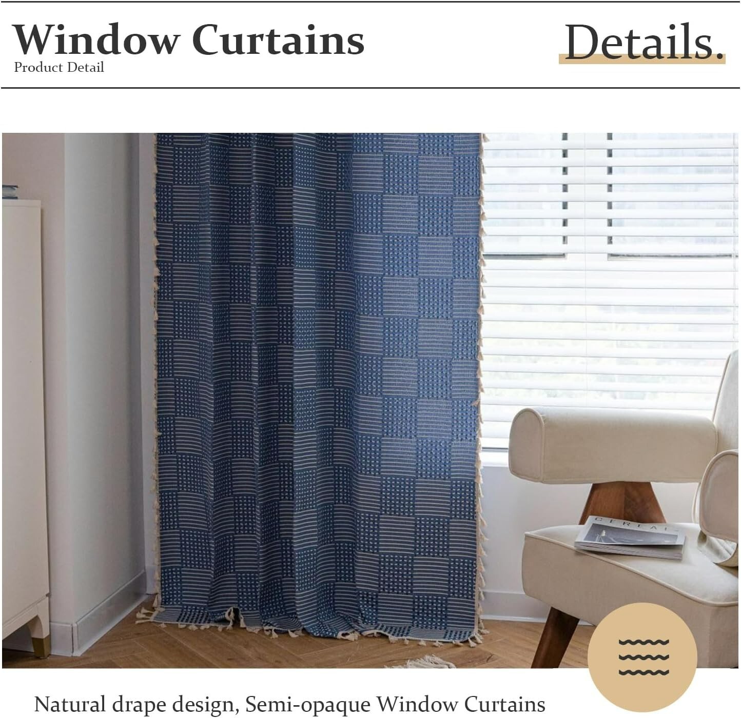Striped Embroidered Drapes Half-Blackout Curtains with Vintaged Tassels
