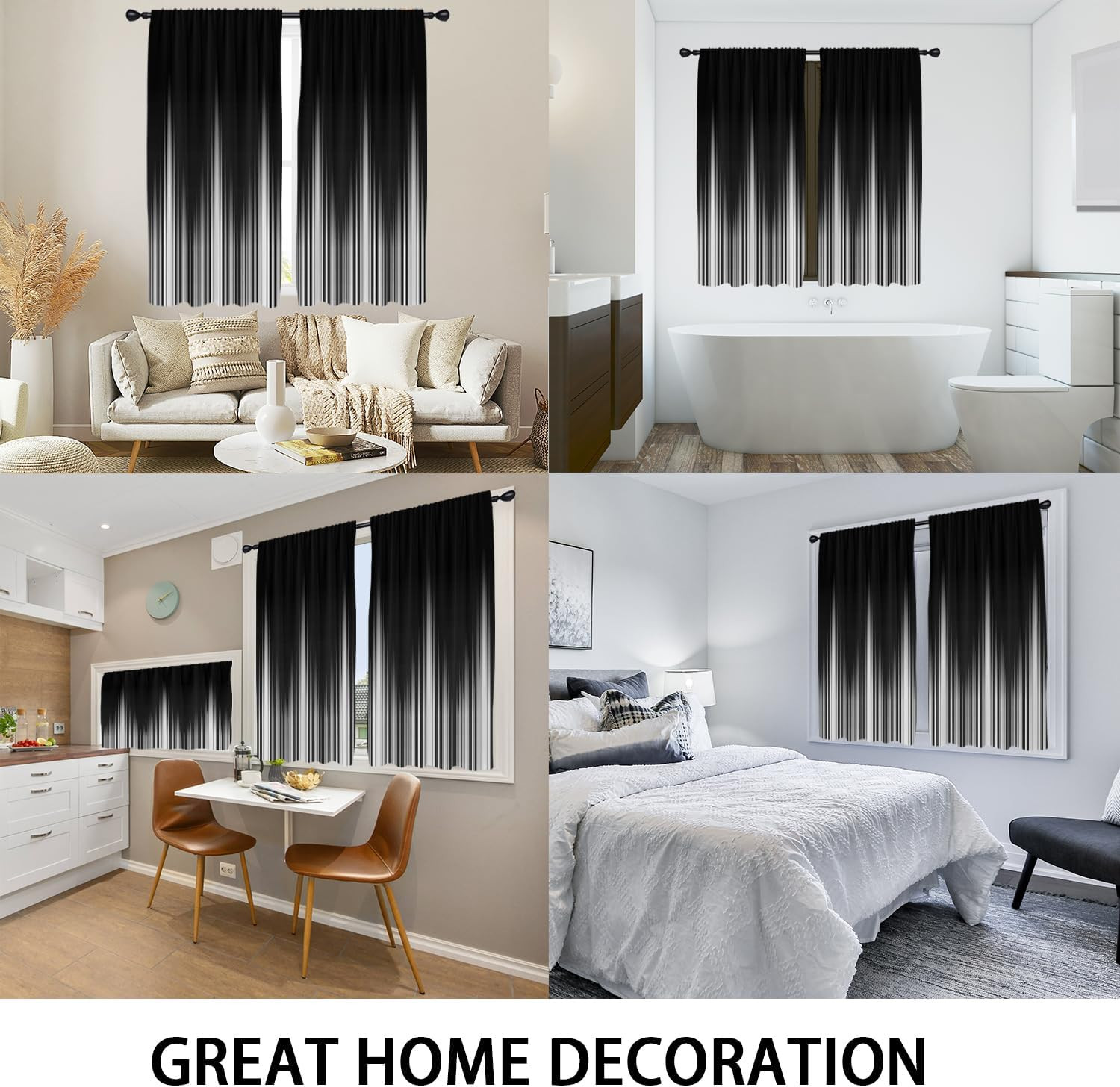 Black and White Window Curtains for Bedroom 42 X 63 Inch Rod Pocket Ombre Grey G