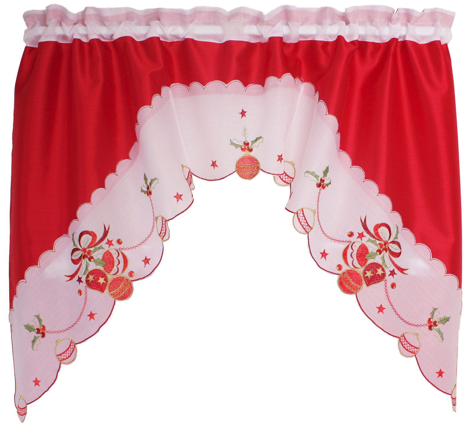 3-Piece Decorative Christmas Design Embroidered Kitchen Curtain Red Jingle Bell