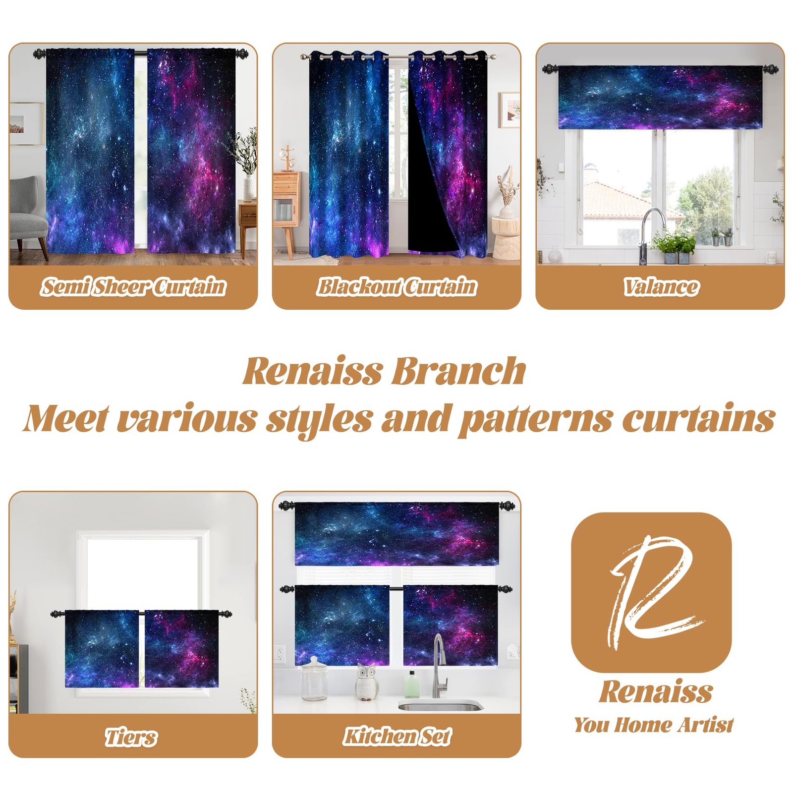 Renaiss 42 X 63 Inch Galaxy Nebula Curtains Outer Space Blue Rod Pocket