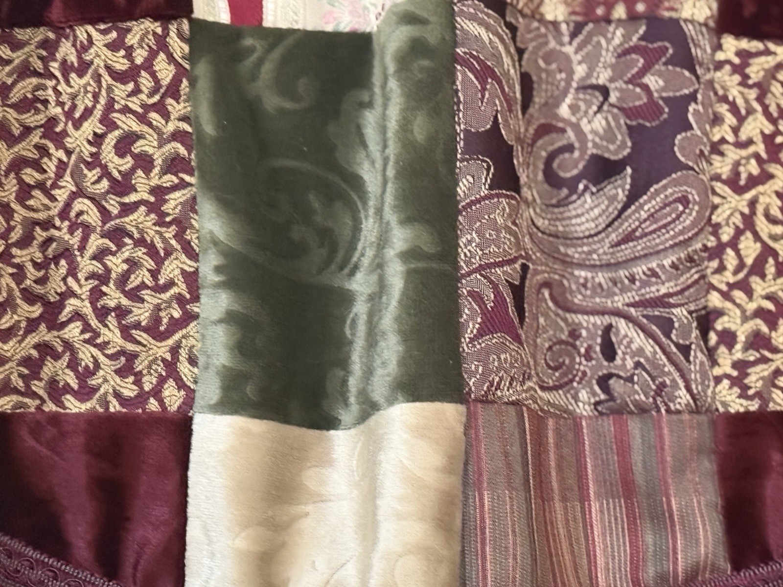 2 Scallop Patchwork Valances Burgundy Green Gold Velvet Tapestry Jarquard 54X18