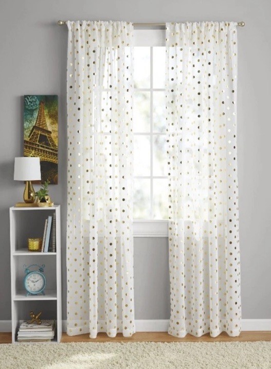 Your Zone Sheer White Gold Metallic Polka Dot Set 2 Curtain Panels 50″ W x 84″L