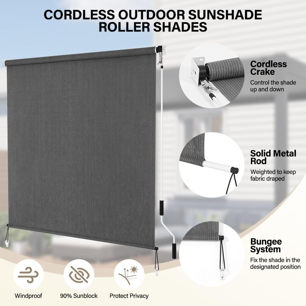 Outdoor Roller Shades 6′ W X 8 L (72″ W X 96″ H), Cordless Patio Shades Roll up