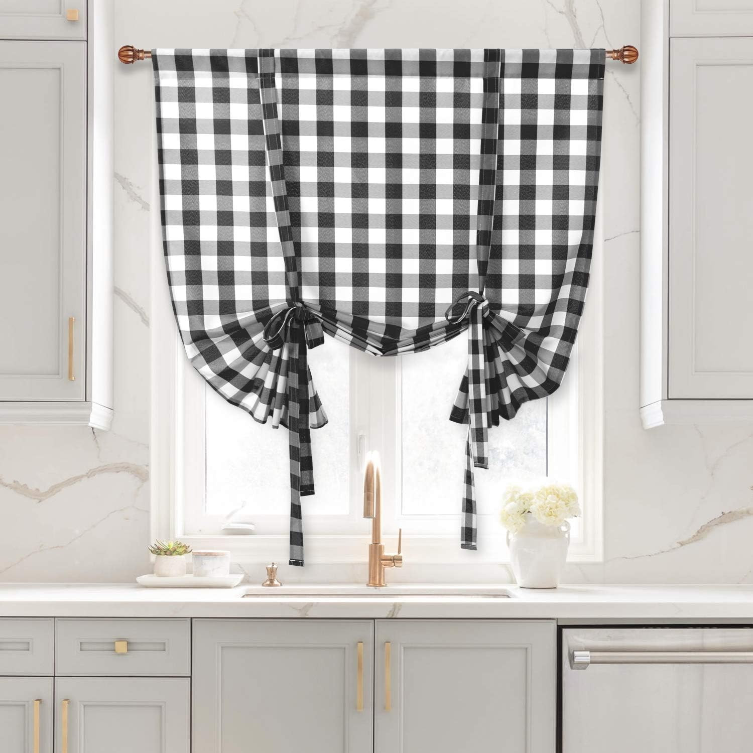 Buffalo Check Tie up Curtains for Windows – Rod Pocket Semi Sheer Light Filterin