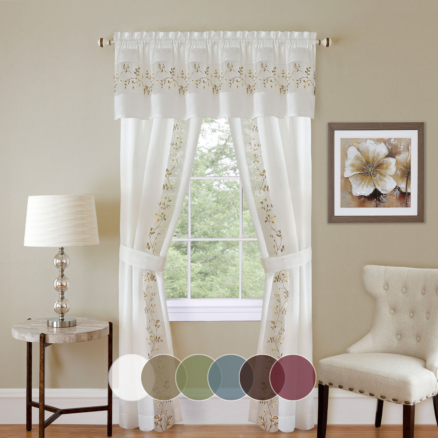 5PC Light Filtering Semi-Sheer Window Curtain Set – Panels Valance and Tiebacks